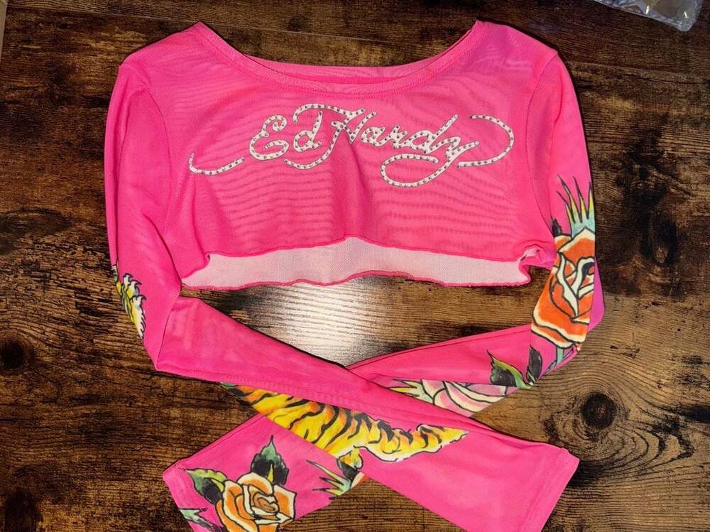 Ed Hardy Pink Mesh Long Sleeve Crop Top with Tiger and Rose Print